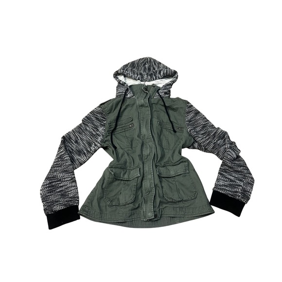Mudd Jackets & Blazers - Mudd Womens Utility Jacket Olive Green Hoodie Knit Sleeve Cargo Pockets XL‎